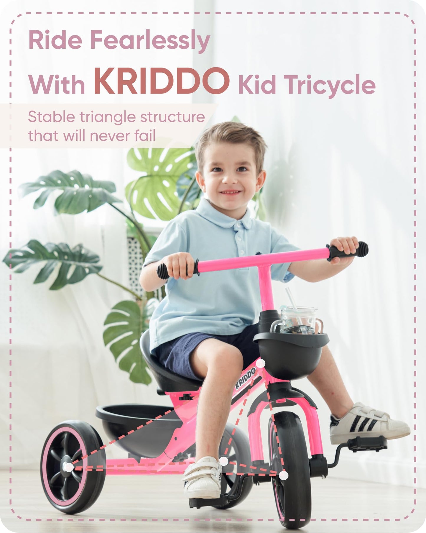 KRIDDO Toddler Tricycle — Anti-Tip Design, BPA-Free | Ages 18 Months to 4 Years | Pink