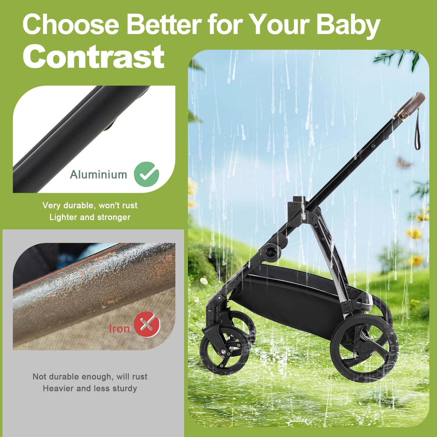 Baby Stroller 3 in 1,Travel Pushchair's Lie-Flat Pram is Foldable, Stroller System Handle is Adjustable, The Wheels are Made of PU Material, Suitable for 0-3 Years-Khaki