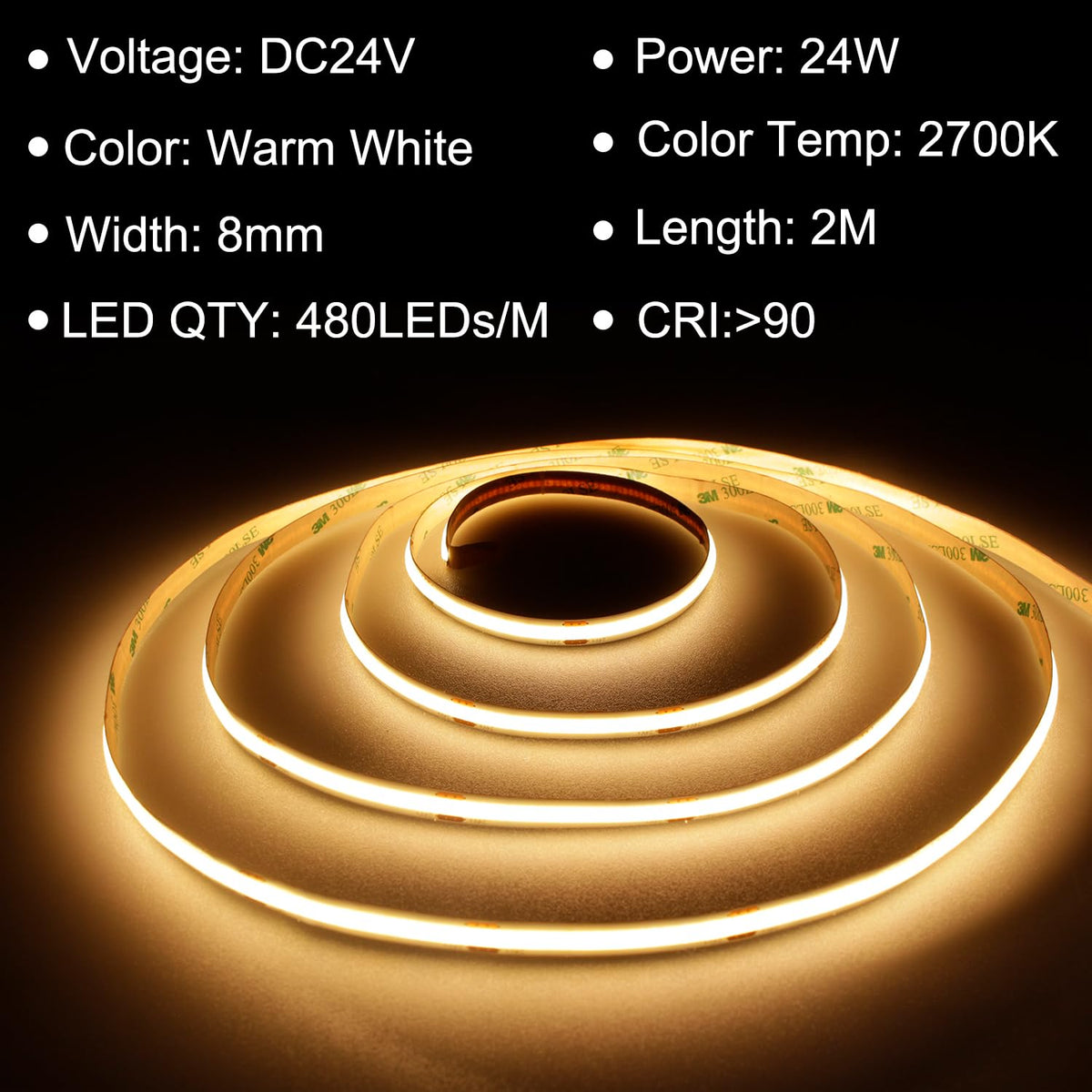 TTWAY COB LED Strip Lights 2700K, Dimmable LED Strip Kit, Super Bright 24V LED Tape Lights CRI90+ with RF Remote and UKCA Power Supply for DIY Home Decoration, 5M, 2400LEDs, Warm White.