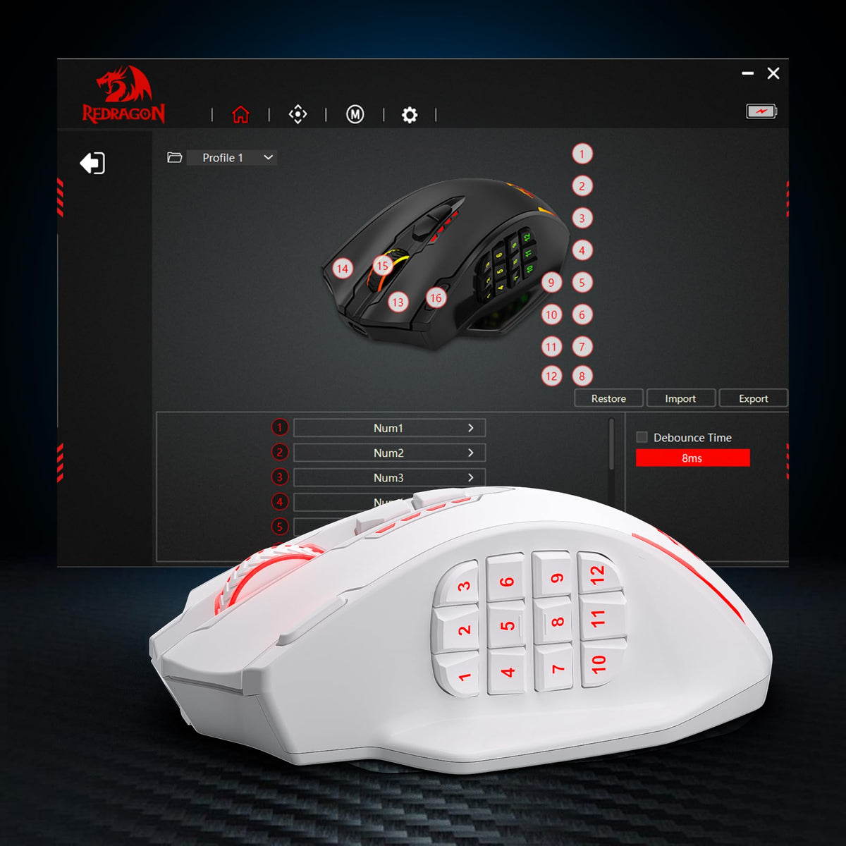 Redragon M908 Impact RGB LED MMO Gaming Mouse With 12 Side Buttons, Optical Wired Ergonomic Mouse with Max 12,400DPI, High Precision, 18 Programmable Macro Shortcuts, Comfort Grip