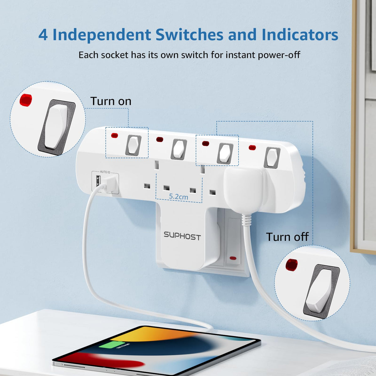 Plug Extension Socket, 4 Way Plug Adapter with 180 Degree Rotating UK Plug, 13A Fused Multi Plug Adaptor with 4 Independent Switches, Wall Socket Extension for Home Office Kitchen