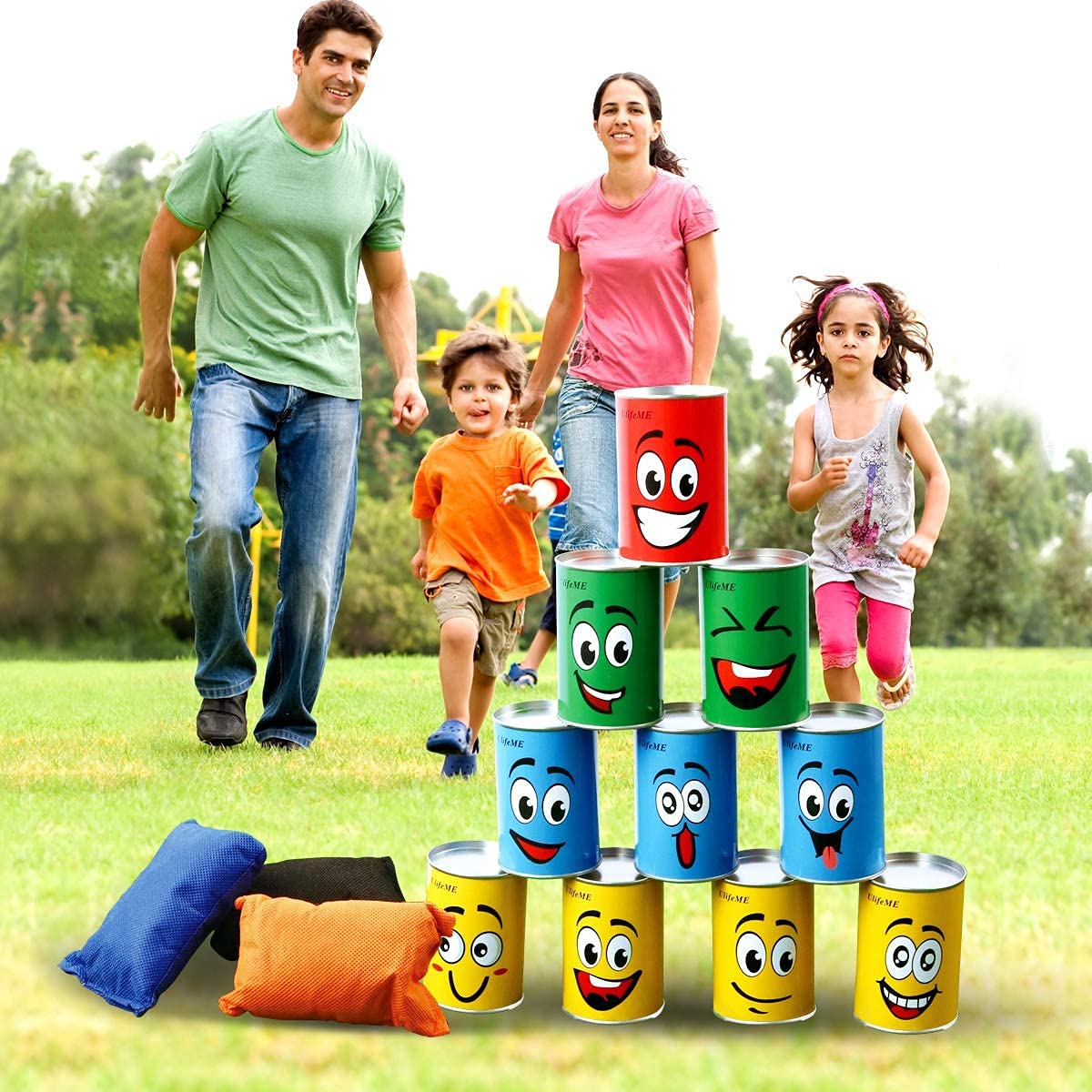 Tin Can Alley Game, Outdoor Garden Target Shooting Fairground Games for Kids & Children, Garden Party Toys Gift for Boys & Girls: 10pcs Fun Smile Knock Down Tin Cans and 3pcs Beanbags