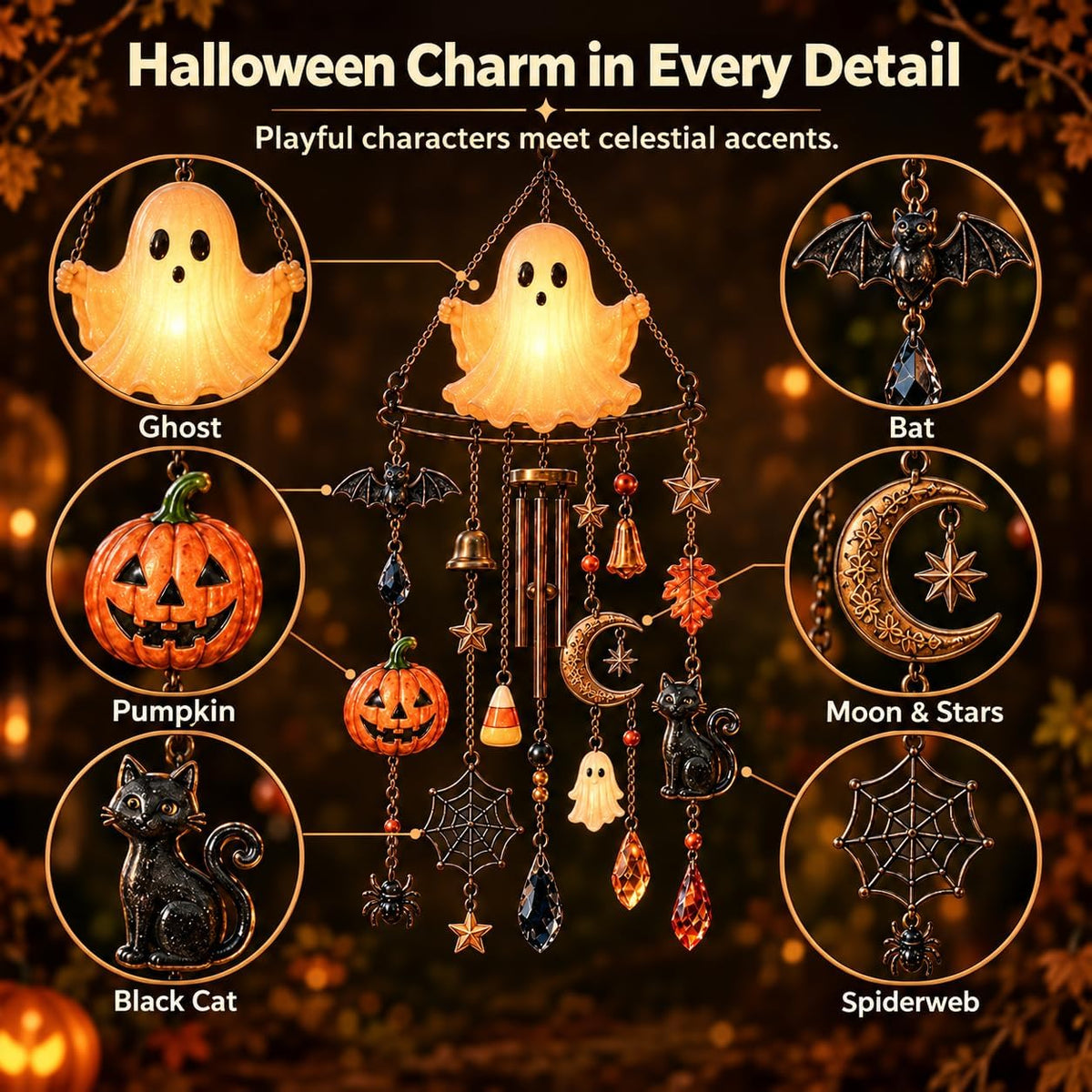 Halloween Ghost Wind Chime, Light Up Hanging Decoration with Pumpkin, Black Cat, Bat and Moon Charms, Warm Glow Halloween Decor for Window and Entryway