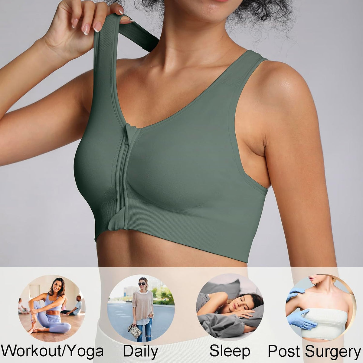 Lemef Front Zipper Sports Bras High Impack Post Op Compression Bras for Women Post Surgery Wireless Racerback Yoga Bra
