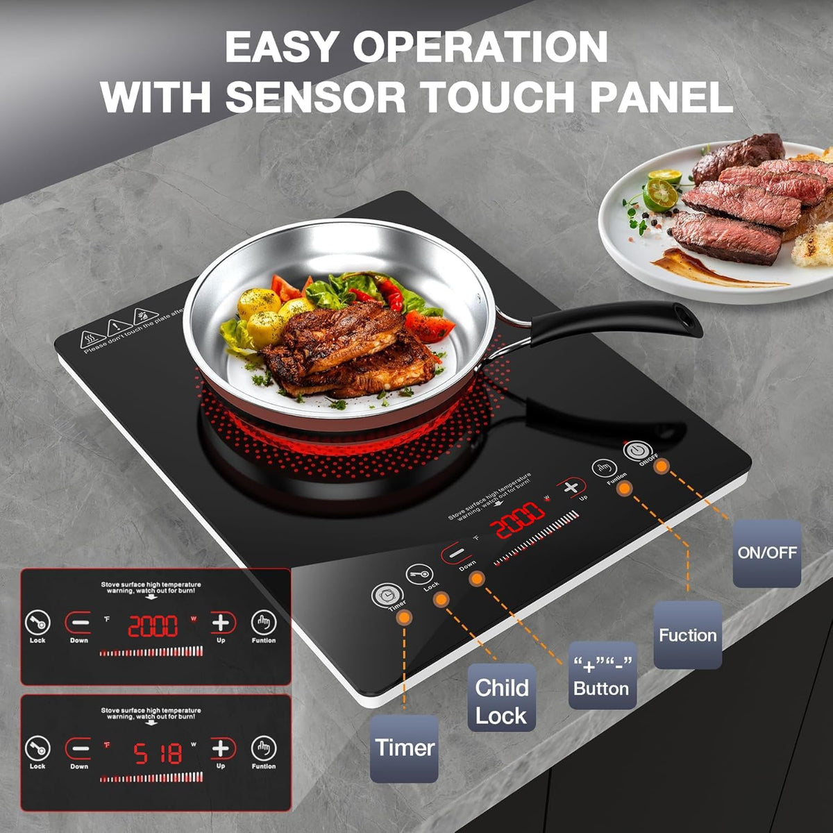 VBGK Double Electric Hob, 220V 3600W Ceramic Hob with Handle, Electric Hot Plate with 9 Power Levels, Child Safety Lock, Timer,Knob and Touch Control, 2 Burner Cooktop