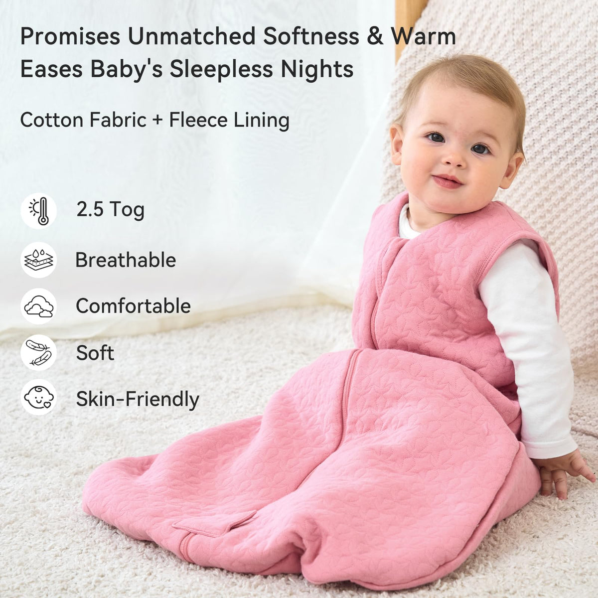 Unnivoll Baby Sleeping Bag 2.5 Tog 0-6 Months 100% Cotton Winter Sleeping Bag Baby 2-Way Zipper Quilted Sleep Sack for Newbron Infant Warm Soft Apricot