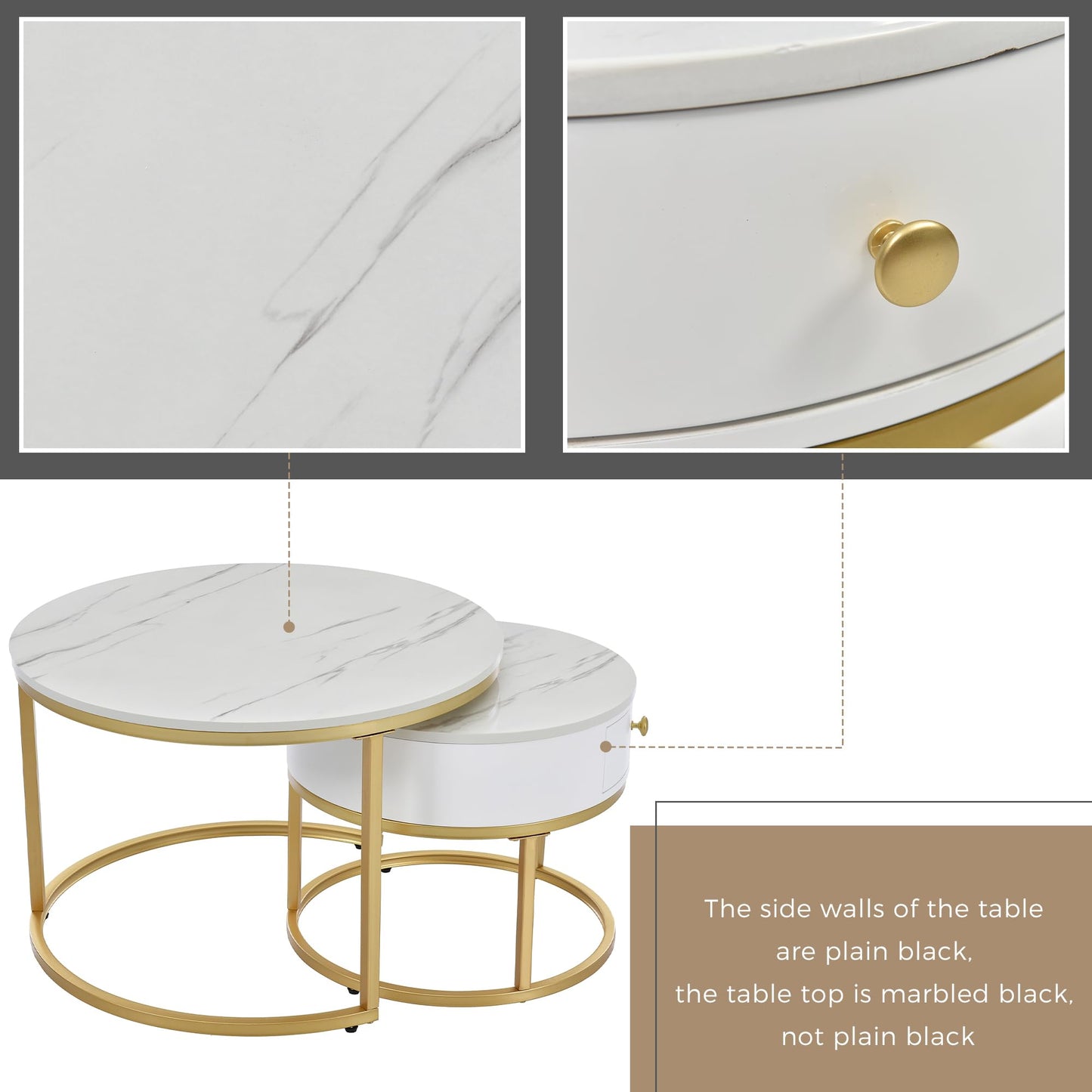 ModernLuxe 2-in-1 Coffee Table, Multi-functional Side Table with Marble Grain Veneer Top, Rattan Drawers, Solid Wood Handles, Gold Coloured Iron Legs, Round Nest of Tables for Living Room, Black