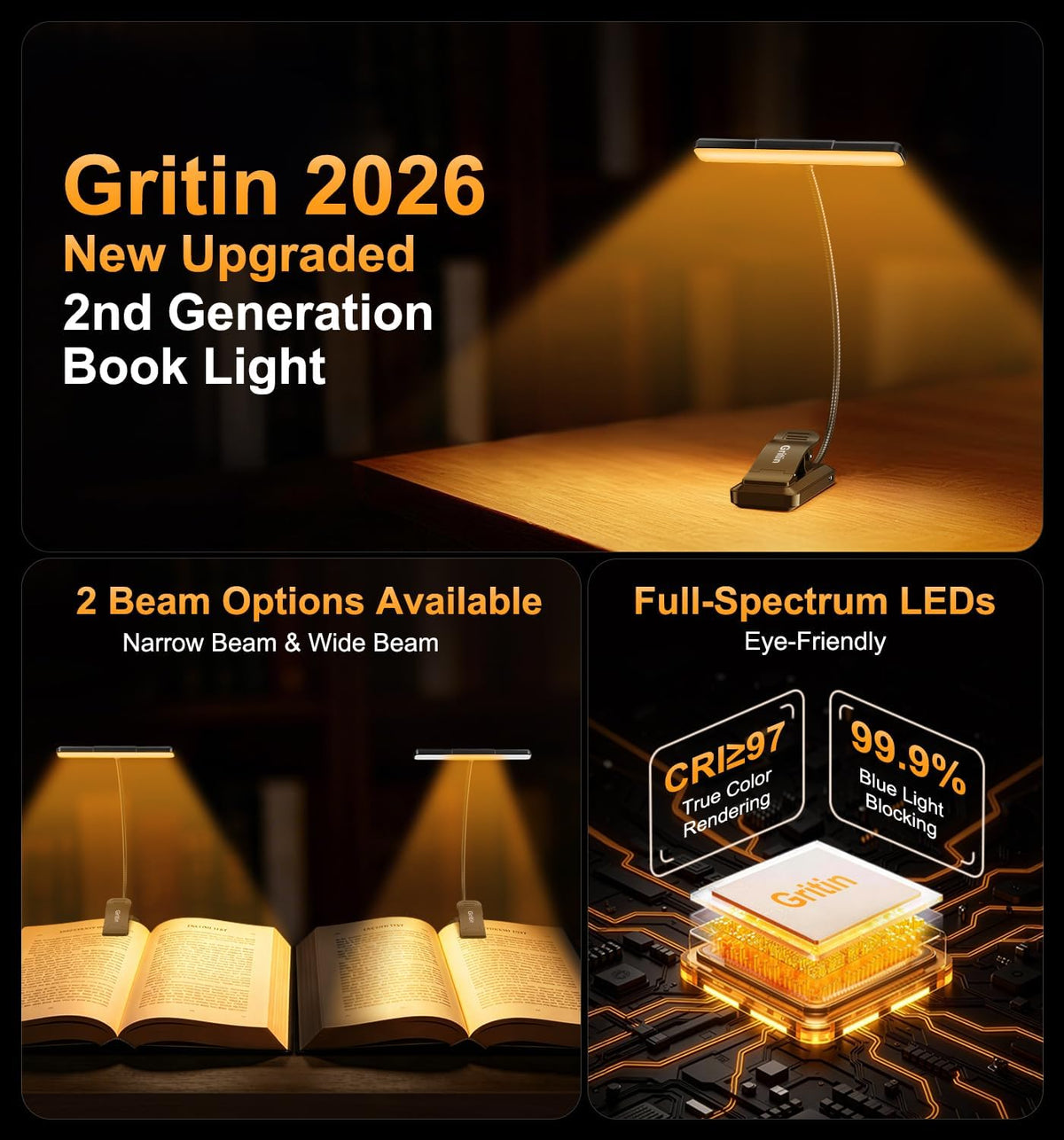 Gritin 2026 Gen 2 Book Light for Reading-32 Eye Caring Full Spectrum LED