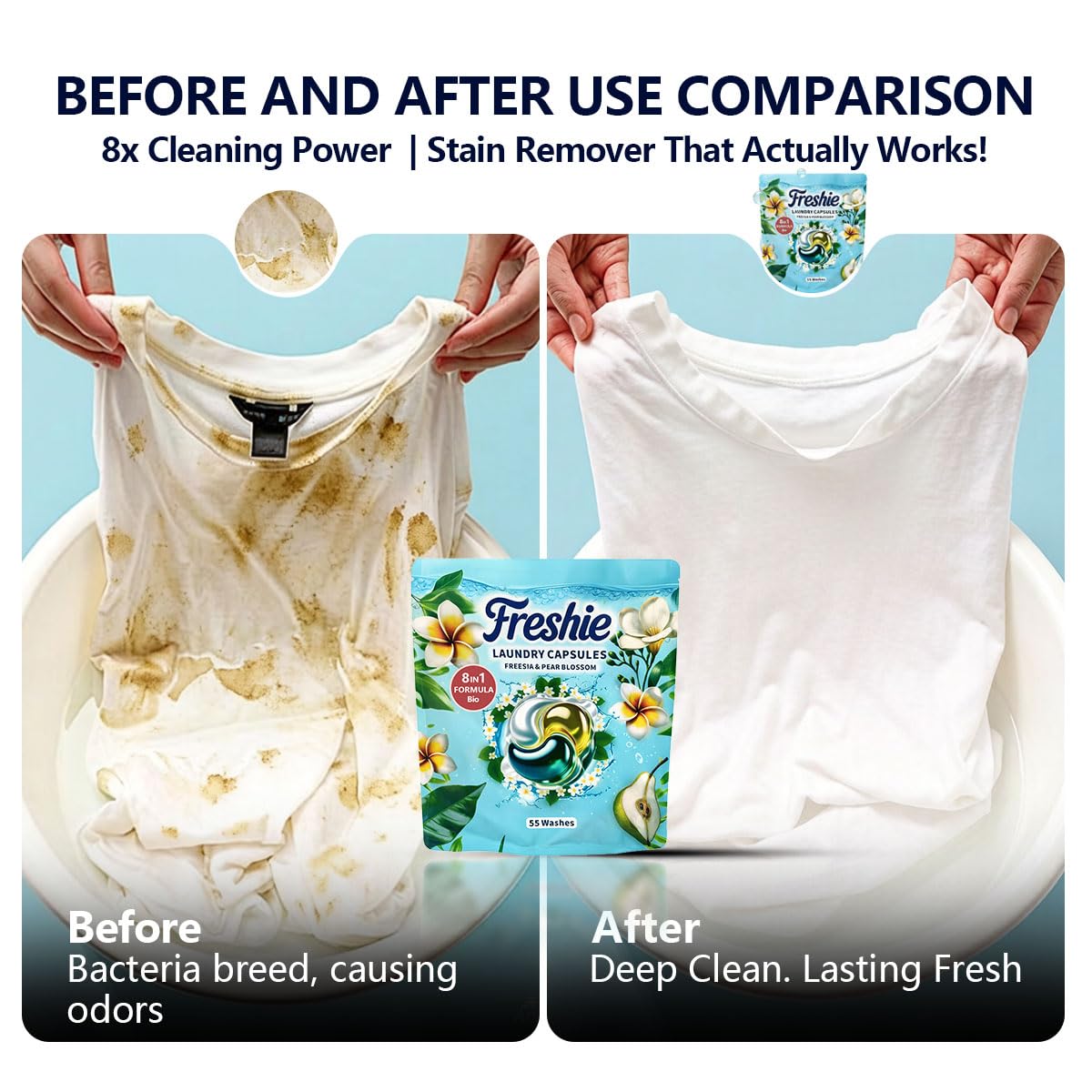 Bio Washing Pods - Laundry Detergent Pods 110 Washes, Fresh Freesia & Pear Blossom Scent - Powerful Stain Removal, Gentle on Skin, Freshness that Lasts and Lasts