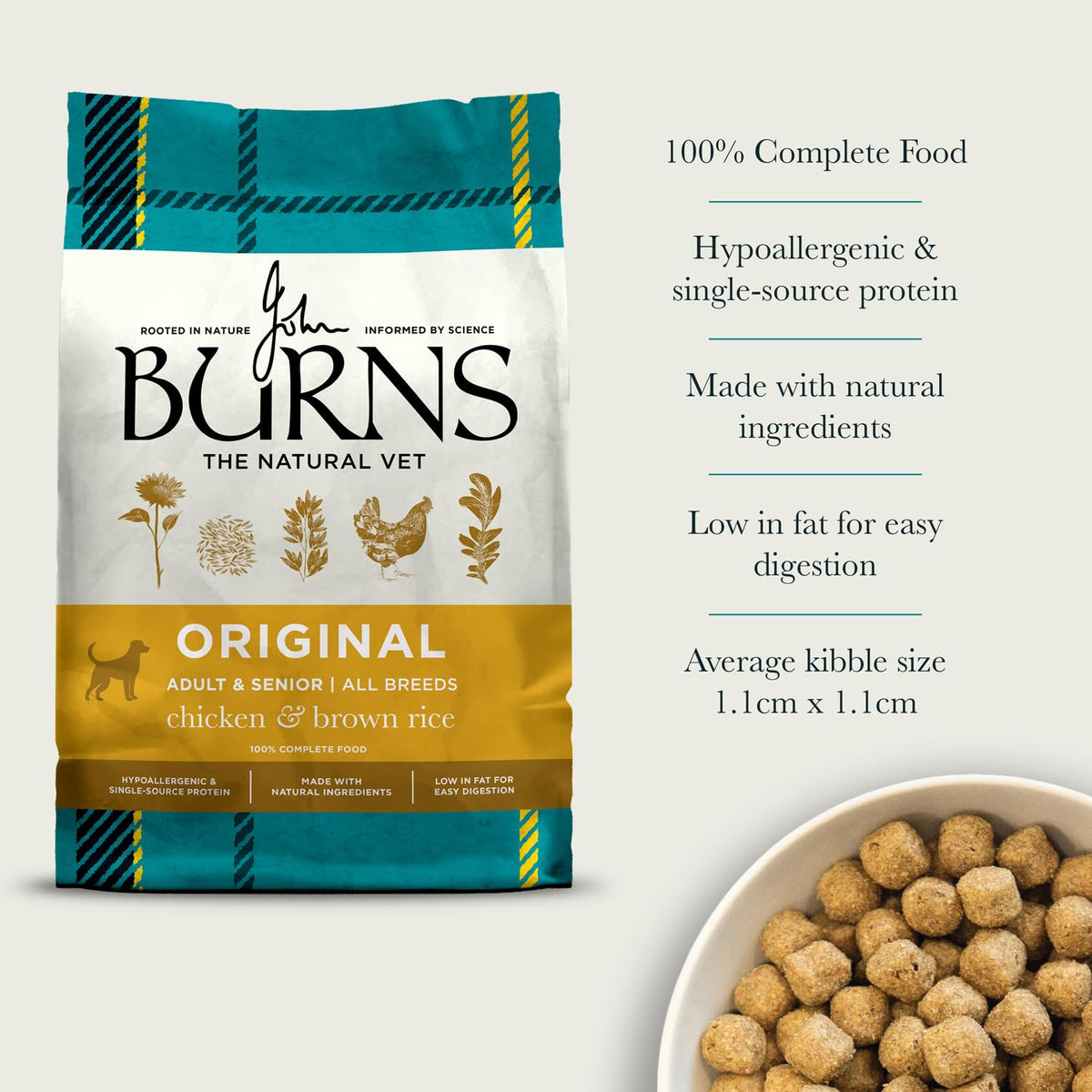 Burns Pet Nutrition Hypoallergenic Complete Dry Dog Food Adult and Senior Dog Original Chicken and Brown Rice 12 kg