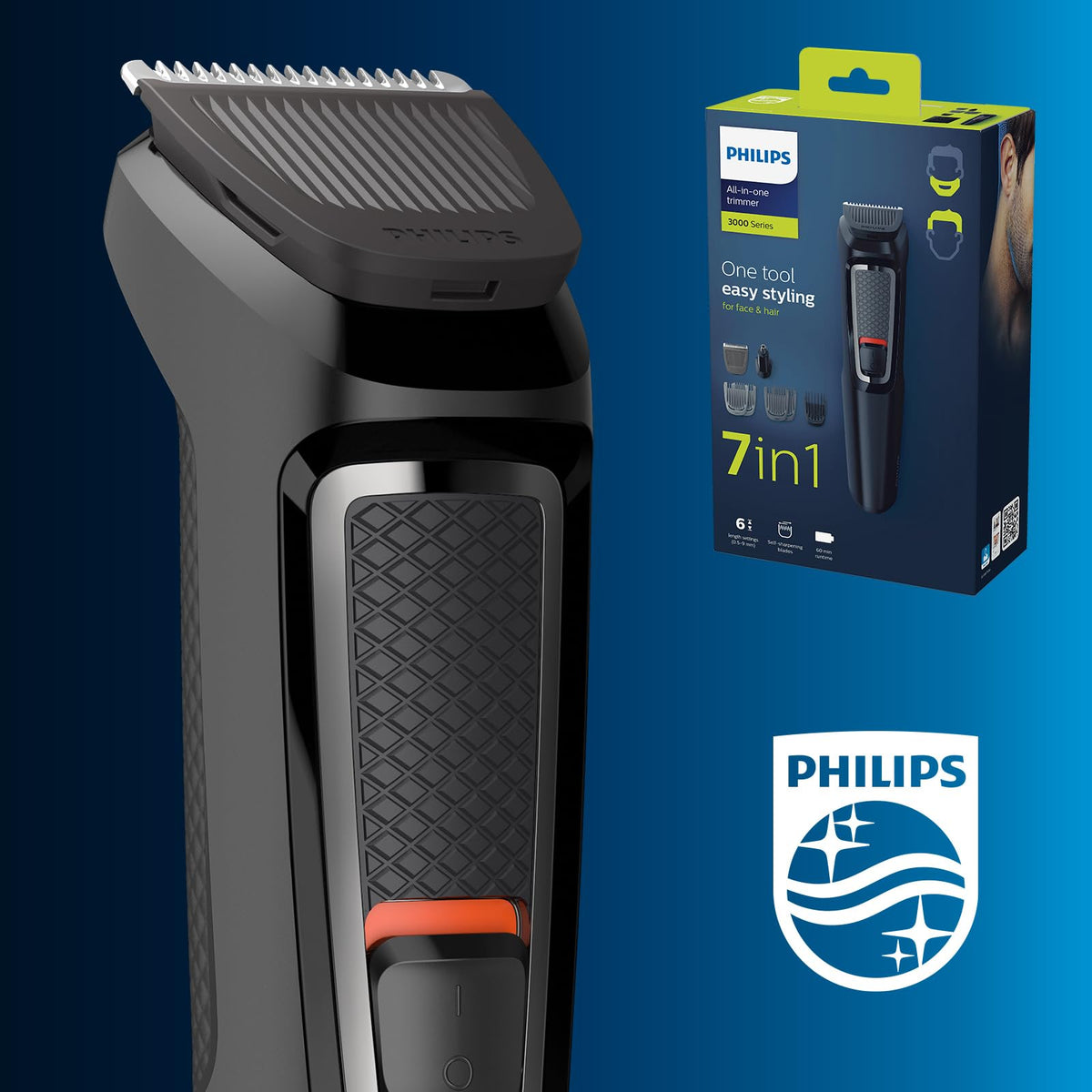 Philips Multigroom 3000 Series All-in-One 7-Piece Trimmer - Shaver and Clipper for Beard and Hair, Self-Sharpening Skin-Friendly Blades, 10 Length Settings, Model MG3930/15