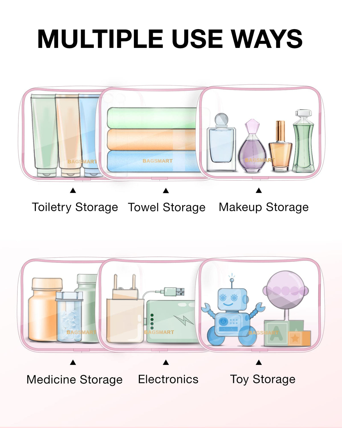 BAGSMART 2pcs Clear Toiletry Bag TSA Travel Essential for Makeup Liquids (Pack of 2)