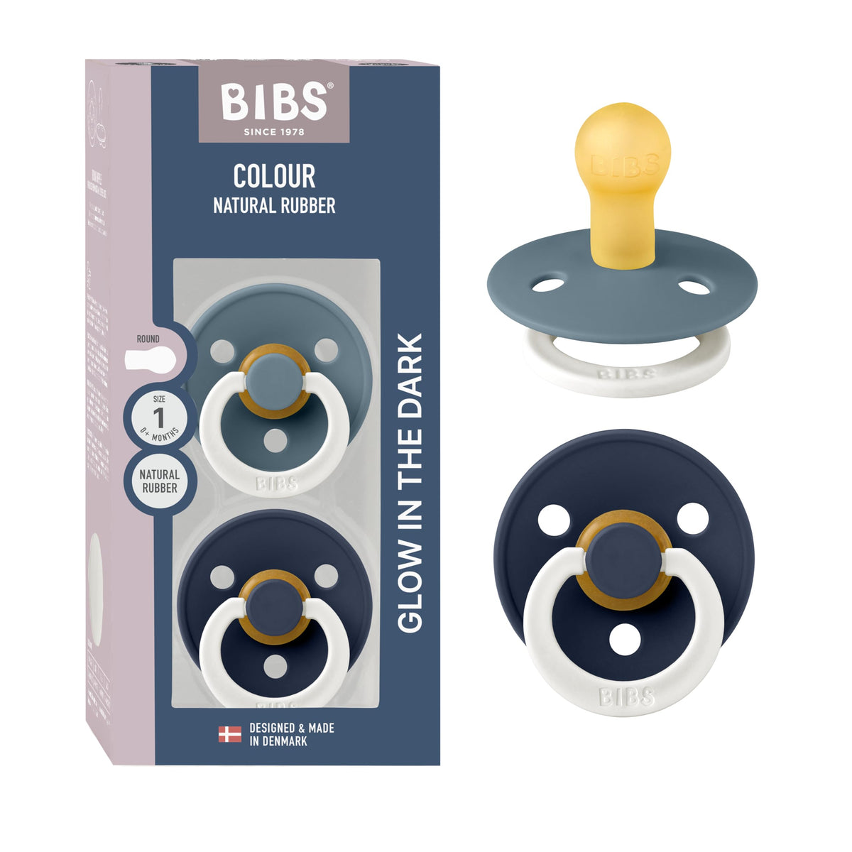 BIBS Colour Soother 2-Pack, BPA Free Dummy Pacifier, Round Nipple. Natural Rubber Latex, Made in Denmark, Size 2 (6-18 Months), Baby Blue