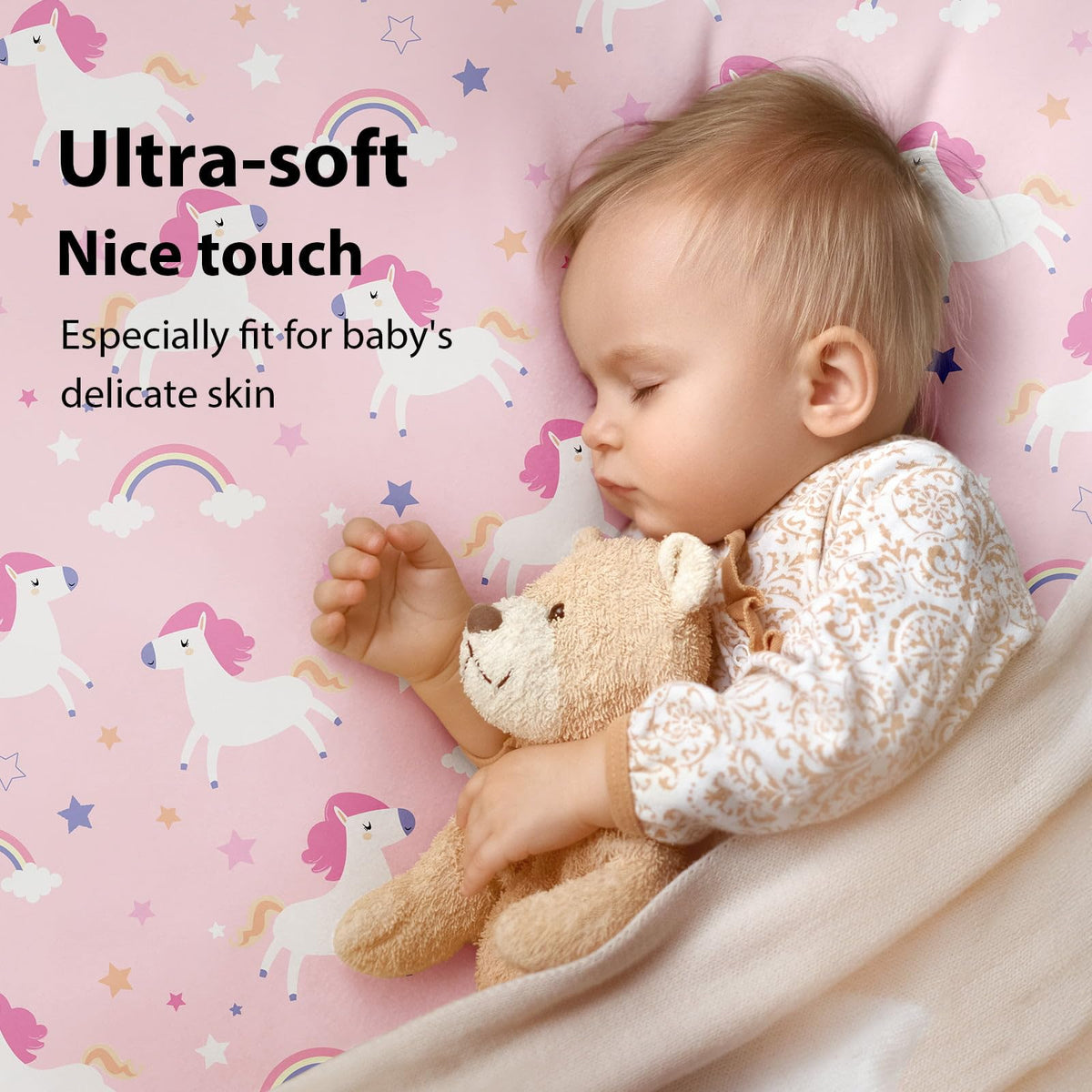 Cot Bed Sheets 140 x 70cm Fitted, 3 Pack Baby Cot Sheets, Ultra Soft & Silky Smooth Microfiber Toddler Bed Sheets Pink Rainbow