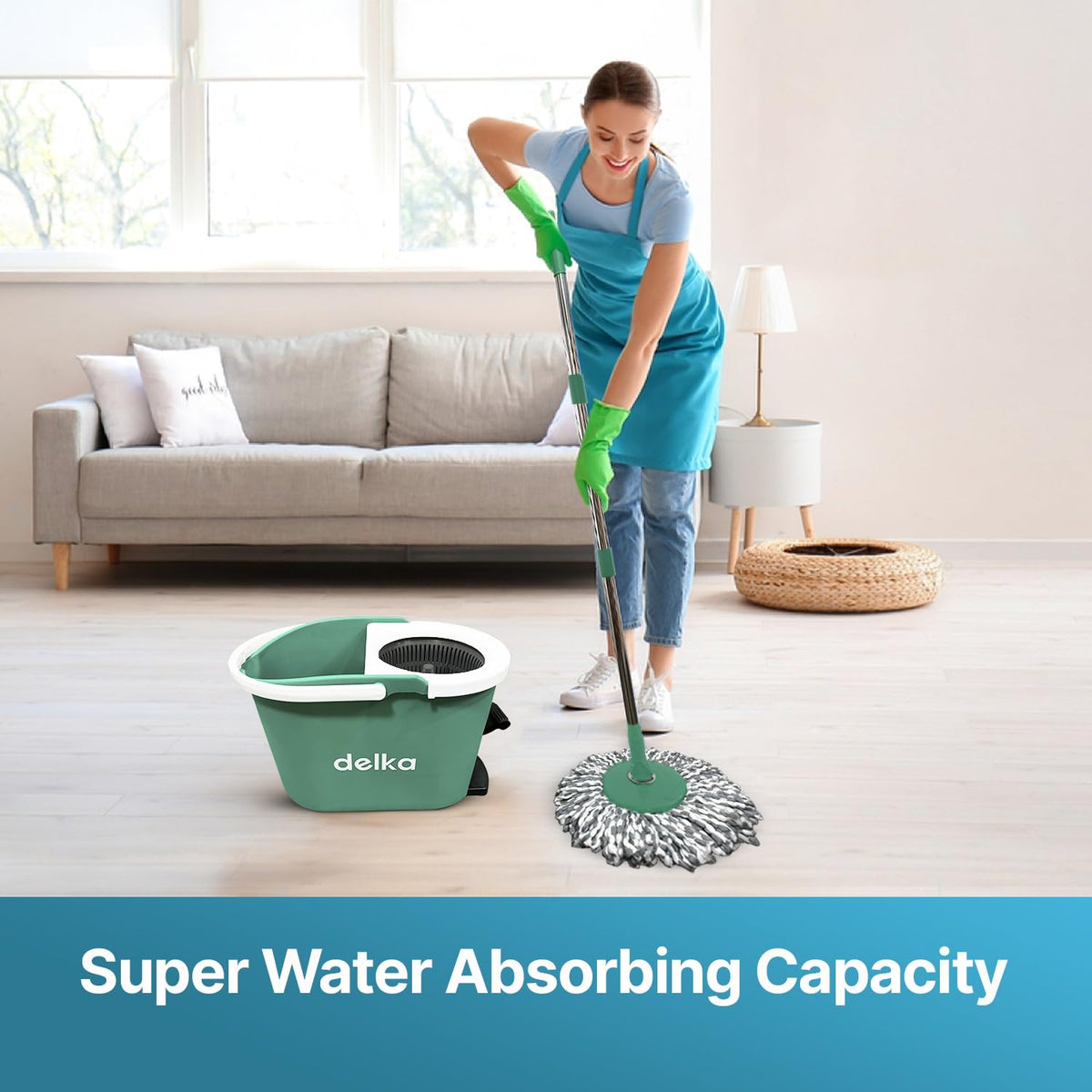 delka Spin Mop and Bucket Set – Easy Foot Pedal Water Removal, 360° Swivel Motion, Includes 2 Microfibre Mop Heads, All-Surface Cleaning, Splash Guard for Clean Mopping (Spin Mop Grey and White)