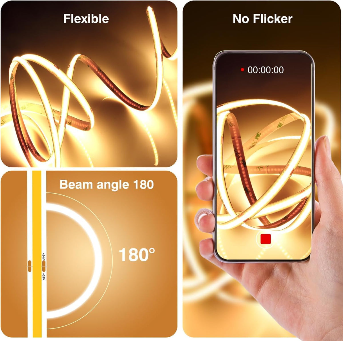 COB LED Strip 7.5m Warm White, 3000K, 24V, Remote Control, 8mm Wide