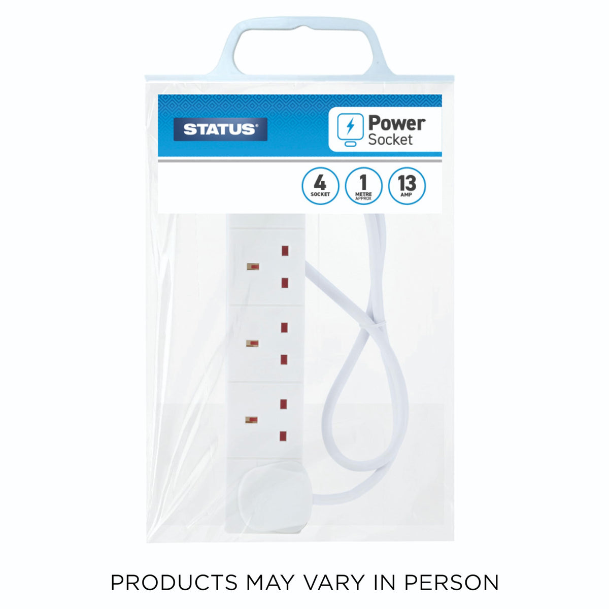 STATUS 4 Way Socket Extension Lead, 4m Cable with Neon Power Indicator, 13A Multi-Plug Strip for Home or Office, Wall Mountable, White (S4W4MS6)