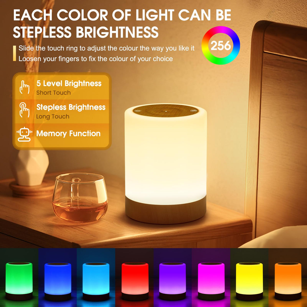 ONEWAY Night Light, LED Touch Bedside Lamp with 256 RGB & Timer & Memory
