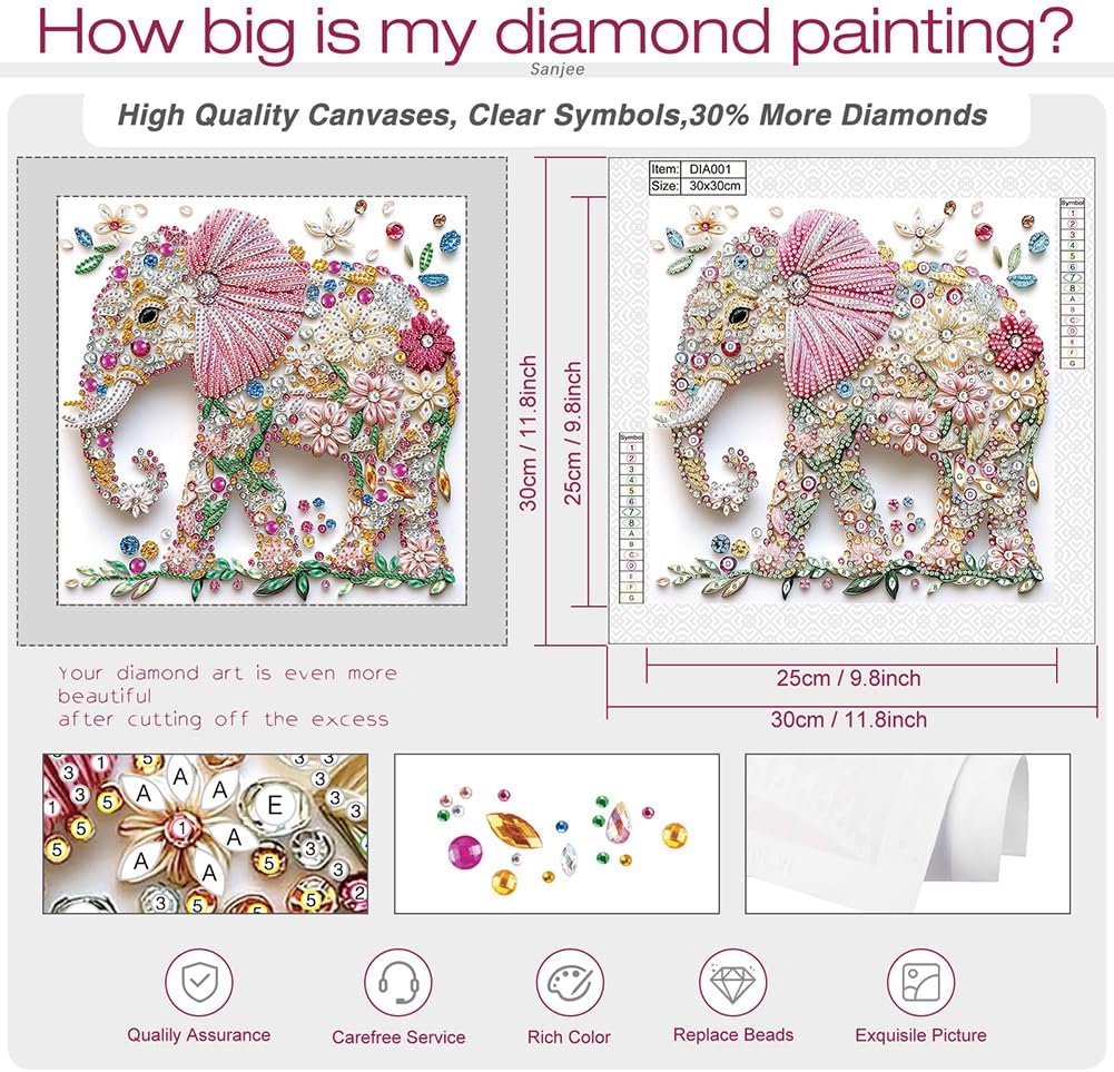 Sanjee Diamond Painting Kits Elephant, 5D Special Shape Animal Diamond Art Kits for Adults, Crystal Rhinestones Art Craft for Beginners DIY Home Wall Decor Gift, 12 × 12 Inches