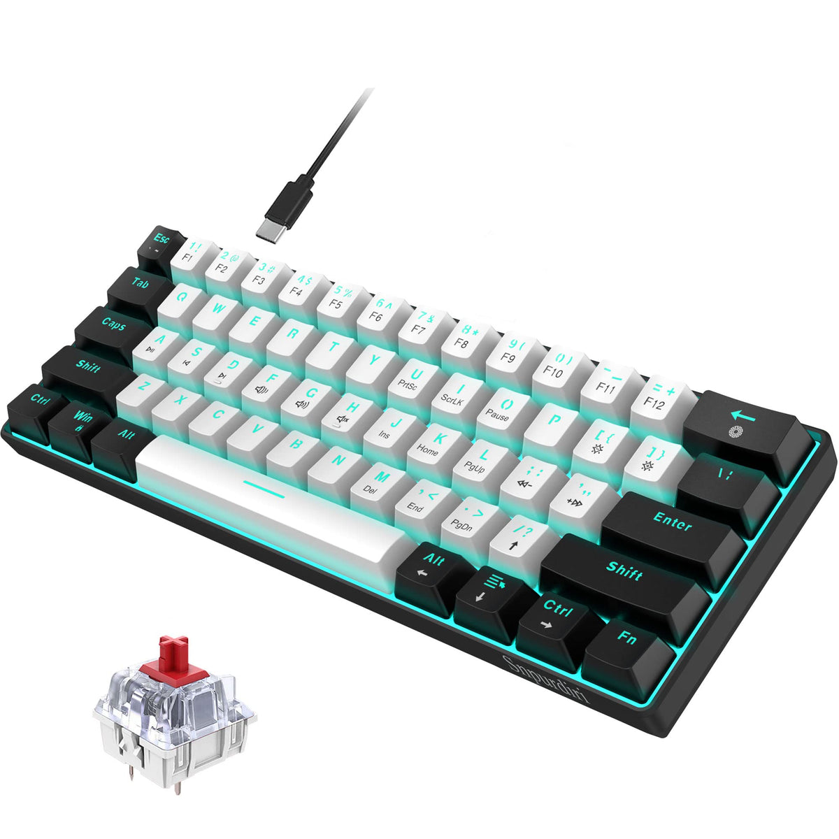 Snpurdiri Wired Mechanical Gaming Keyboard, 60% Size, LED Backlight, 61 Keys, Small Wired Office Keyboard for Windows Laptop/PC, Mac (Black-Red, Blue Switches)