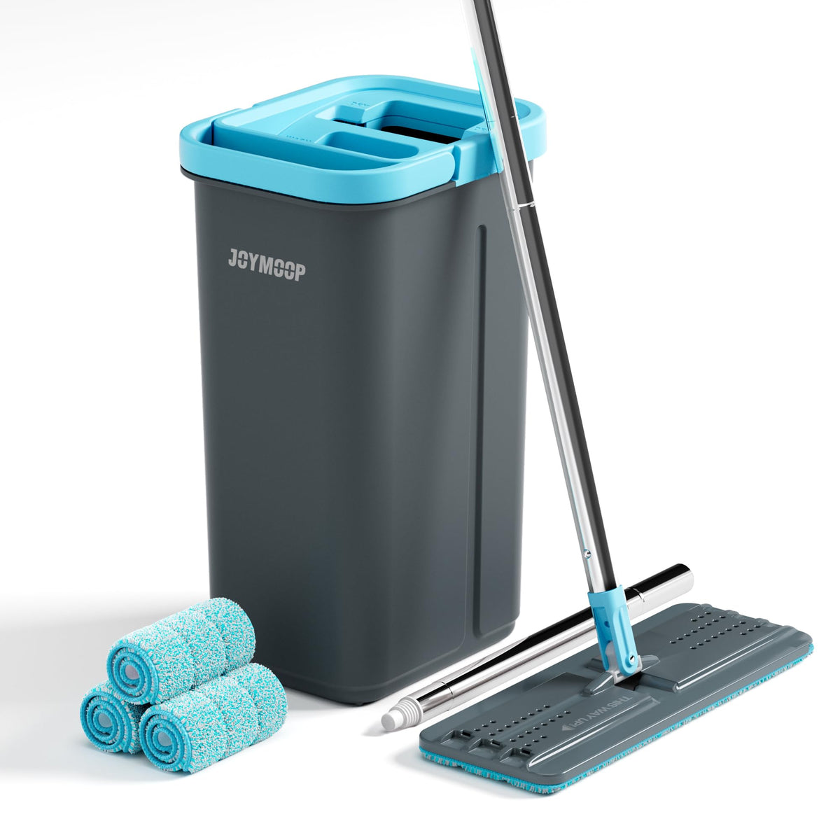 JOYMOOP Mop and Bucket with Wringer Set, Hands Free Flat Floor Mop and Bucket, with 3 Washable Microfiber Pads, Wet and Dry Use, Floor Cleaning System