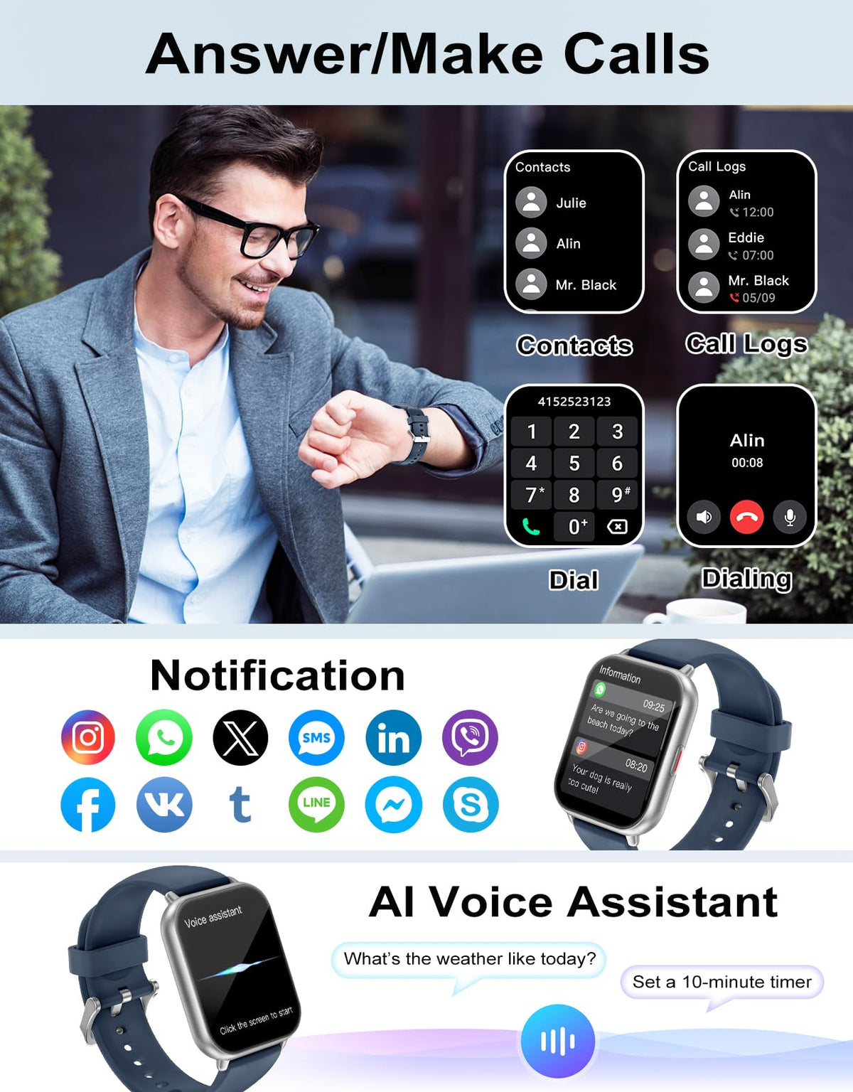 RUIMEN Smart Watch Answer Dial Call,Smart Watches for Women Men 1.85" HD Screen Fitness watch with SpO2 Heart Rate Sleep Monitor Step Counter Waterproof 100+ Sports Mode for Android iOS (2 Bands)