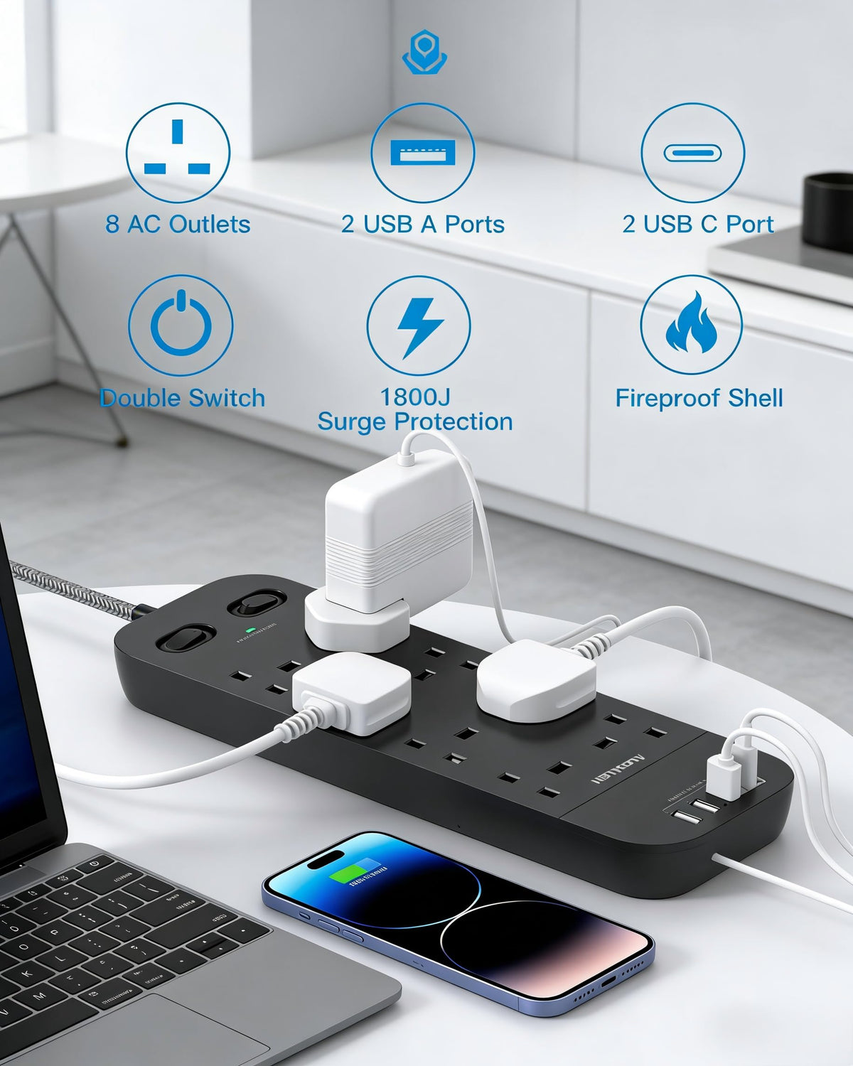 Extension Lead with 2 USB C Slots, 8 Way Power Strip Surge Protector