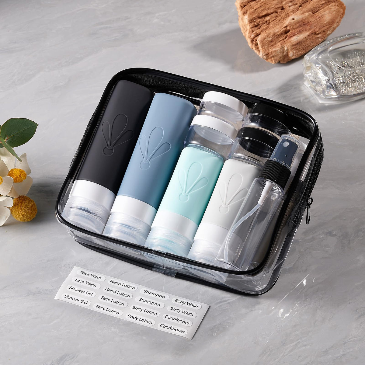 INSFIT Travel Bottles for Toiletries, 17 Pack Leakproof Travel Size Toiletries, Airplane Travel Essentials, Holiday Essentials for Women and Men with Labels/Clear Bag