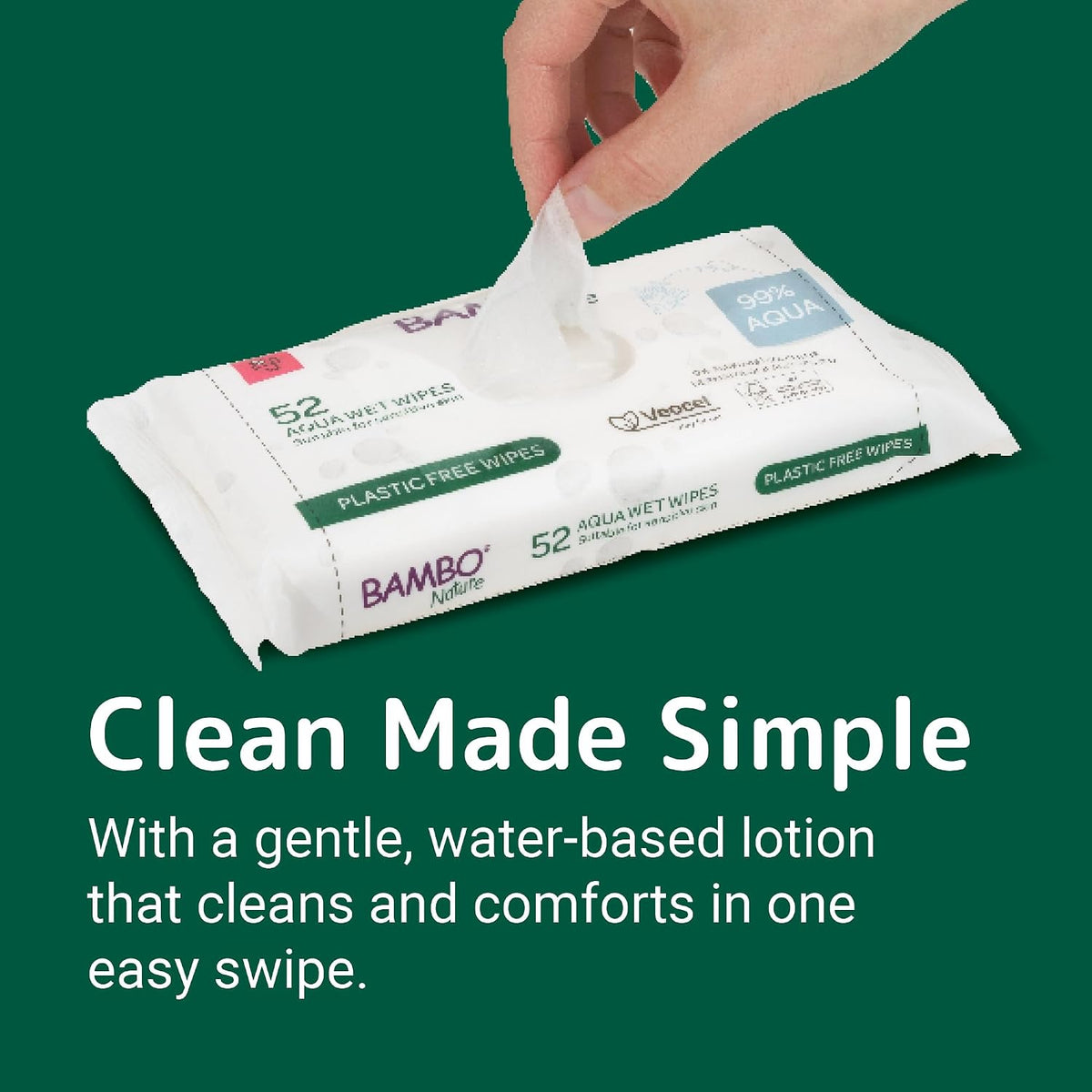 Bambo Nature Aqua Wet Wipes, 1 Pack (52 Wipes), 99% Water, Sensitive Skin Safe, Extra Soft Baby Wipes with 100% Veocel Viscose, Irritation Free for Delicate Skin, Fragrance Free, Ideal for Daily Use