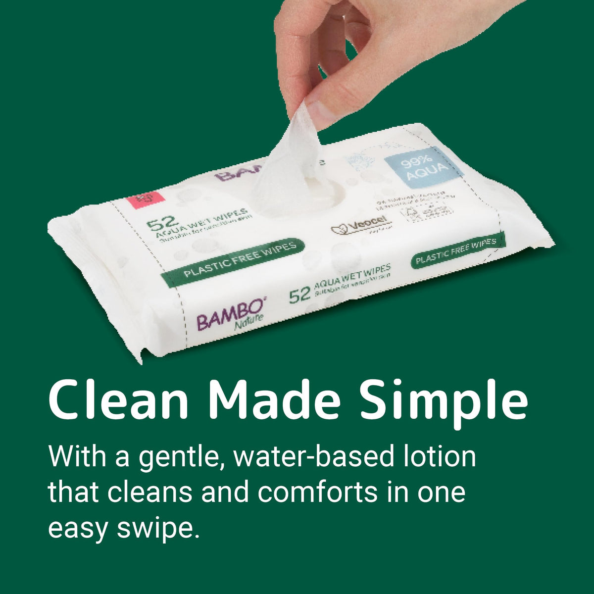 Bambo Nature Aqua Wet Wipes, 1 Pack (52 Wipes), 99% Water, Sensitive Skin Safe, Extra Soft Baby Wipes with 100% Veocel Viscose, Irritation Free for Delicate Skin, Fragrance Free, Ideal for Daily Use