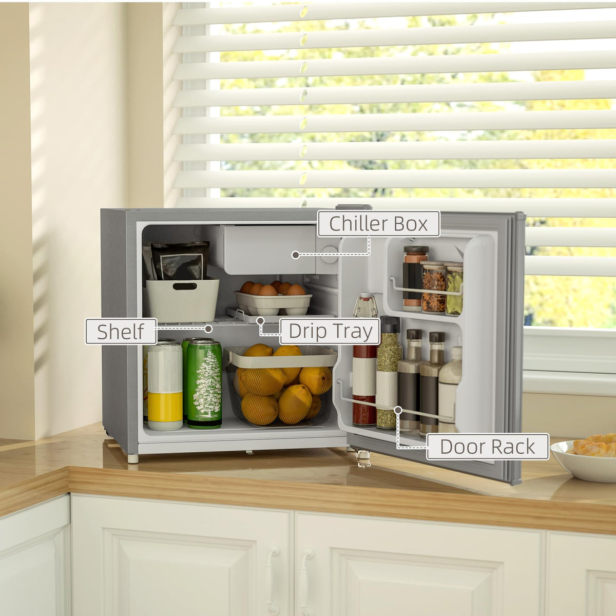 HOMCOM 46L Table Top Mini Fridge with Ice Box, Reversible Door, Cream