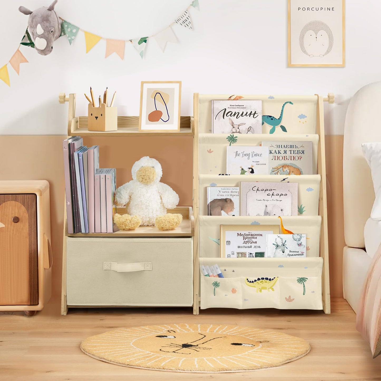 Kids Bookshelf and Toy Storage, Montessori Wooden Children Bookcase and Toy Organizer, 4-tier Toddler Sling Book Shelf with a Large Storage Box for Nursery, Bedroom, Playroom (Terrazzo)