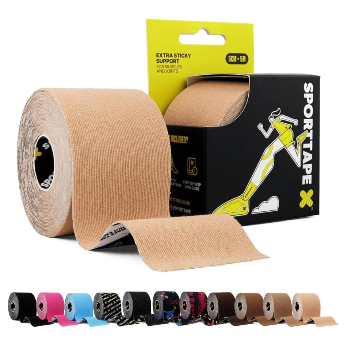 SPORTTAPE Kinesiology Tape, 5cm x 5m, Black - Waterproof, Hypoallergenic