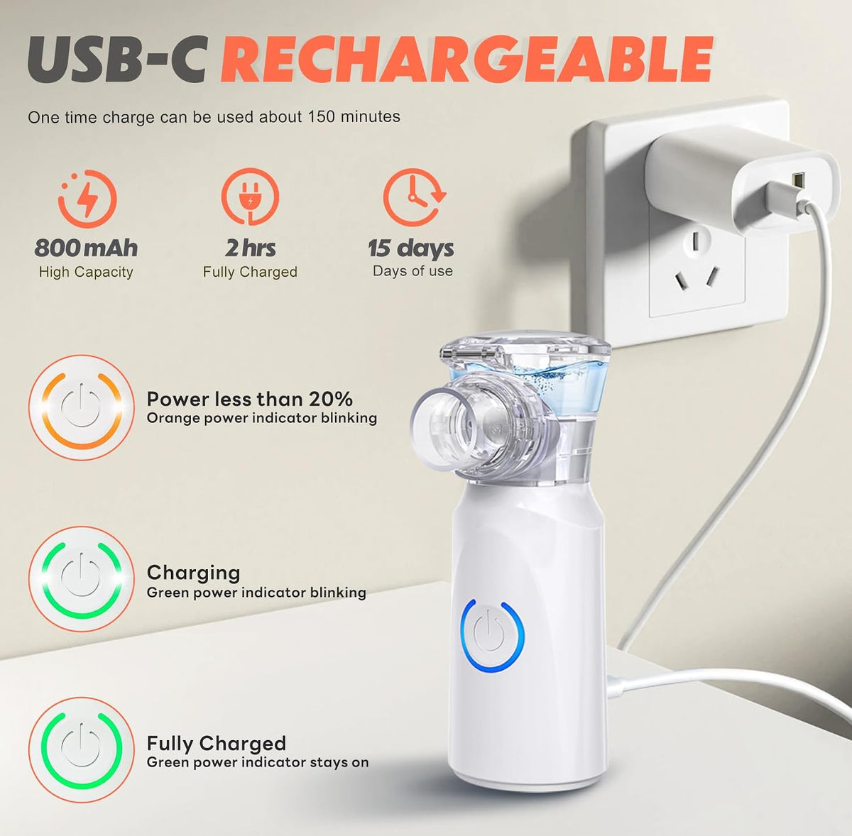 Ultrasonic Nebuliser Machine for Adults, Rechargeable Portable Nebuliser for Adults & Kids, AU YAT Silent Nebuliser for Kids with 2 Masks and Mouthpiece, Handled Nebulizer for Home-Pure White