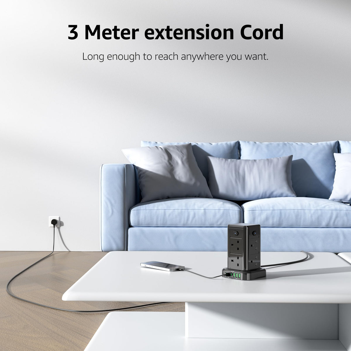6M Tower Extension Cord with 6 USB Slots, Toomke 8 Way Extension Sockets with 3 USB A and 3 USB C, Tower Plug Extension with 4 Independent Switches 13A 3250W