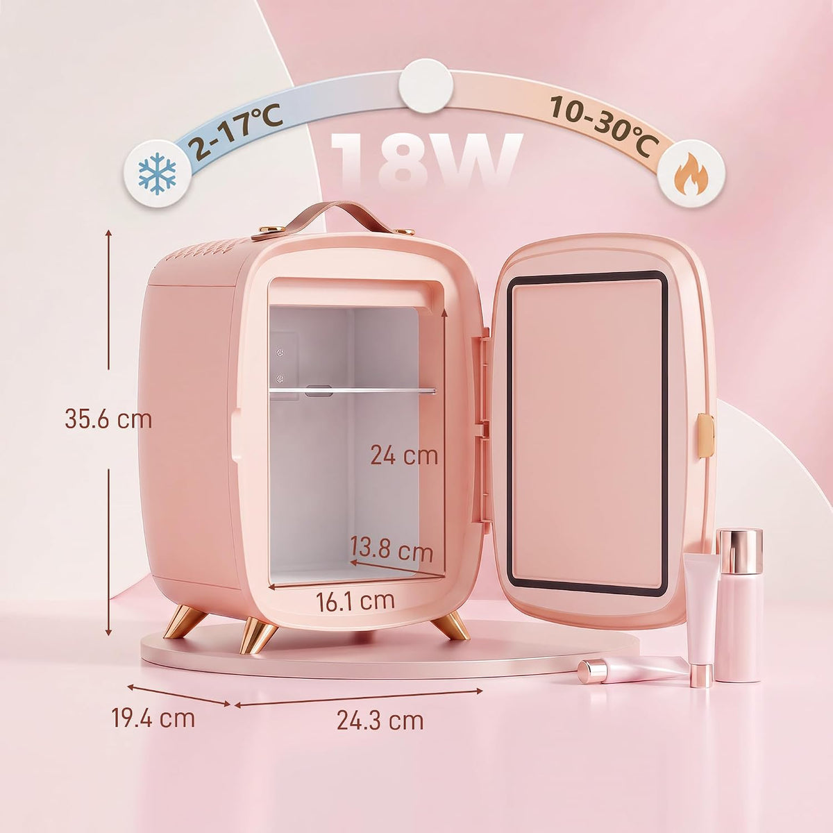HOMCOM 6L Mini Fridge with LED Mirror, 26dB Quiet Operation, Pink