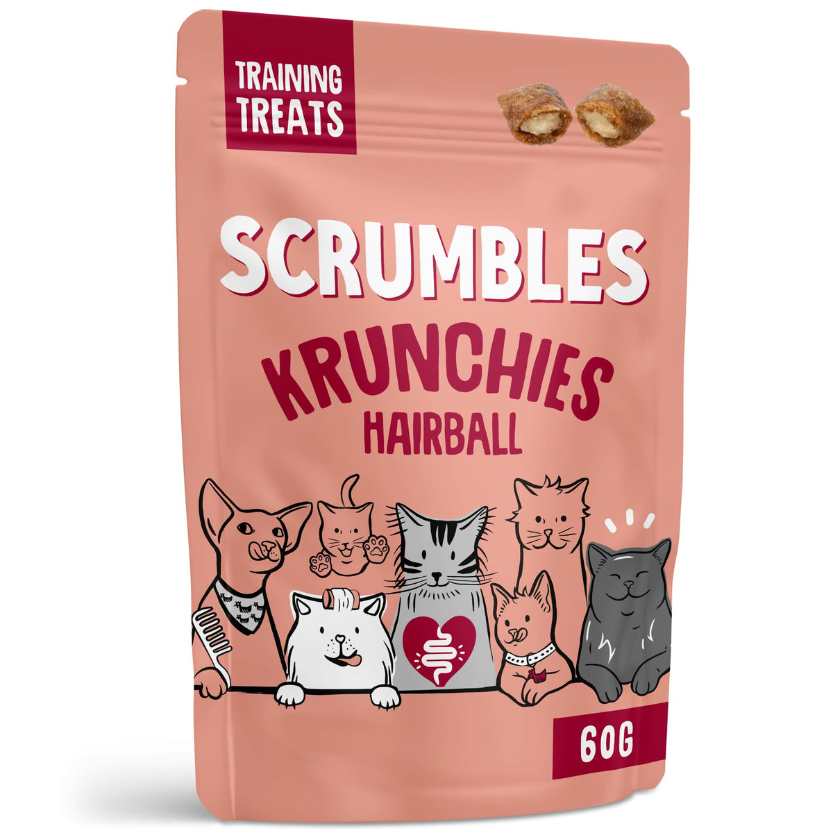 Scrumbles • Cat Treats • Krunchies • Calming • All Lifestages • 60g Bag • Hypoallergenic • No Added Sugar • Valerian & Chamomile • Gluten Free • Low Calories