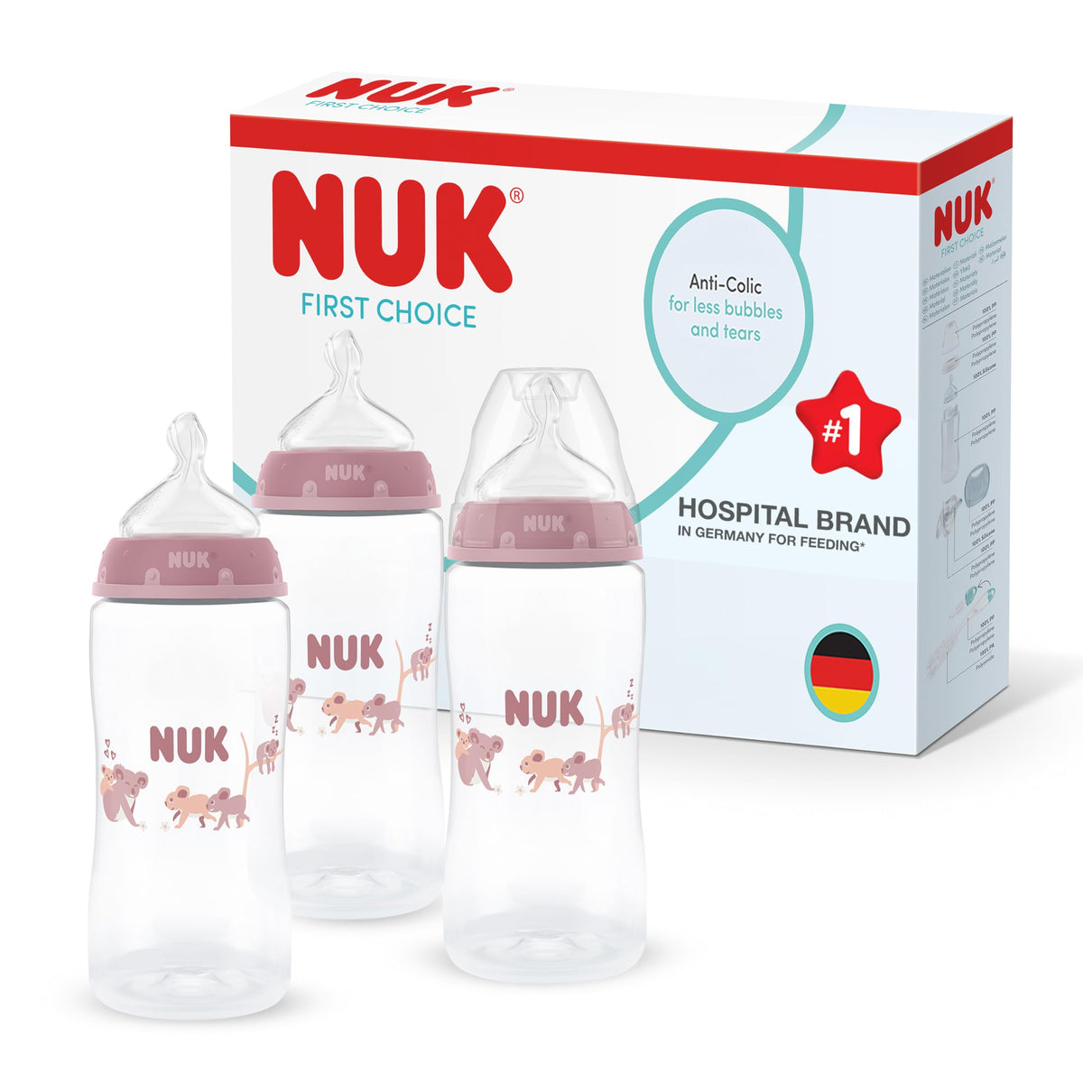 NUK First Choice+ Baby Bottles Set | 0-6 Months | Temperature Control | Anti Colic Vent | 300 ml | BPA-Free | Silicone Teat | 3 Count | Safari