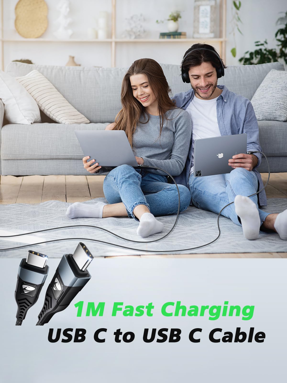 USB-C to C 1M 100W PD3.0 Fast Charging Cable - Compatible with MacBook Pro, iPad Air, iPhone 15, Samsung S23/S22/S21 Ultra, Pixel 7/6, Switch, PS5