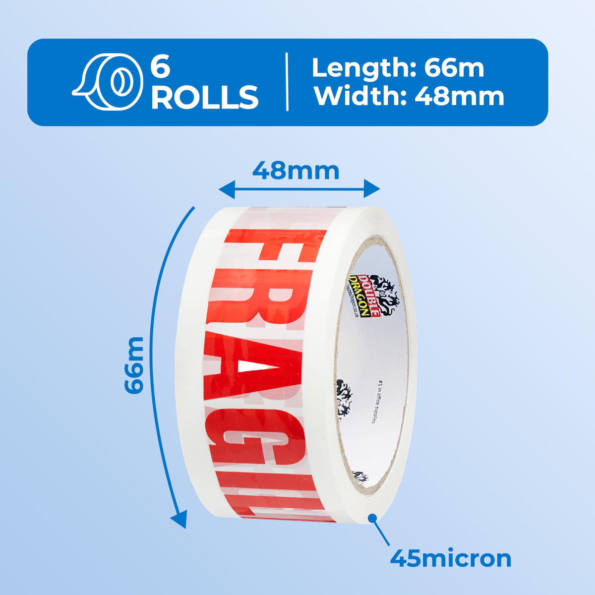 Double Dragon Extra Thick Fragile Printed Tape – 48mm wide, 66m long (Pack of 3) | Tear-Resistant, High-Tack & Long-Lasting | Ideal for Packing, Moving, Shipping, Labelling | Fits Dispensers etc