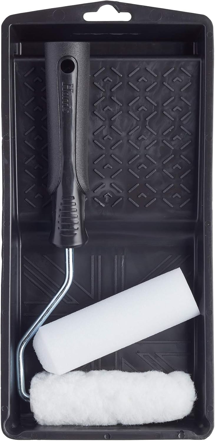 Harris Essentials Mini Roller Set, Walls & Ceilings, Tray and Frame, 4” Emulsion & Gloss Roller Sleeves