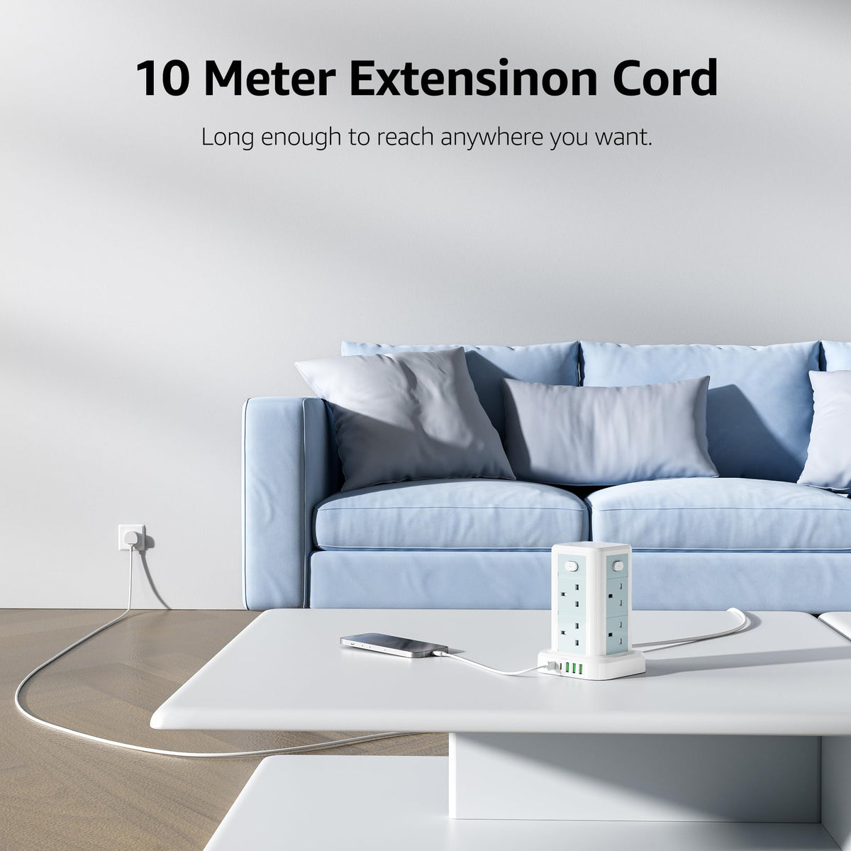 6M Tower Extension Cord with 6 USB Slots, Toomke 8 Way Extension Sockets with 3 USB A and 3 USB C, Tower Plug Extension with 4 Independent Switches 13A 3250W