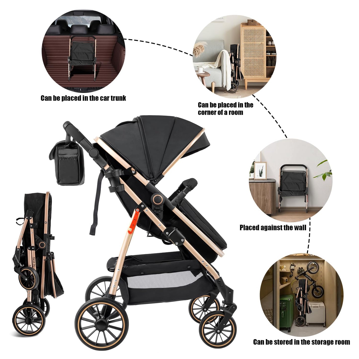 PU Leather 3 in 1 Pushchair Travel System, Toddler Stroller, Baby Pram 3 in 1, Infant Carriage with One-Click Folding, Newborn Buggy with Aluminum Frame (V6 Black)