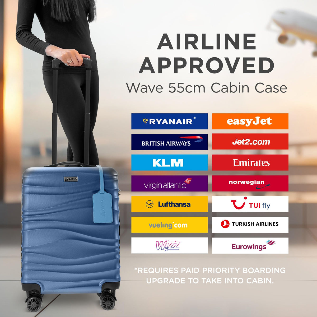 Avio Carry-On Cabin Luggage 55x40x20cm | Hard Shell Suitcase 4 Wheels