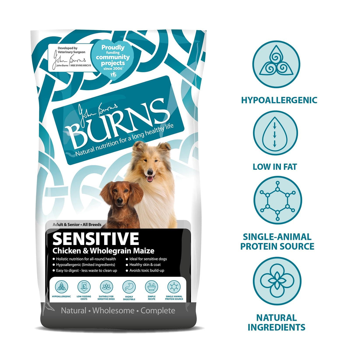 Burns Pet Nutrition Hypoallergenic Complete Dry Dog Food Adult and Senior Dog Sensitive with Pork and Potato 2 kg
