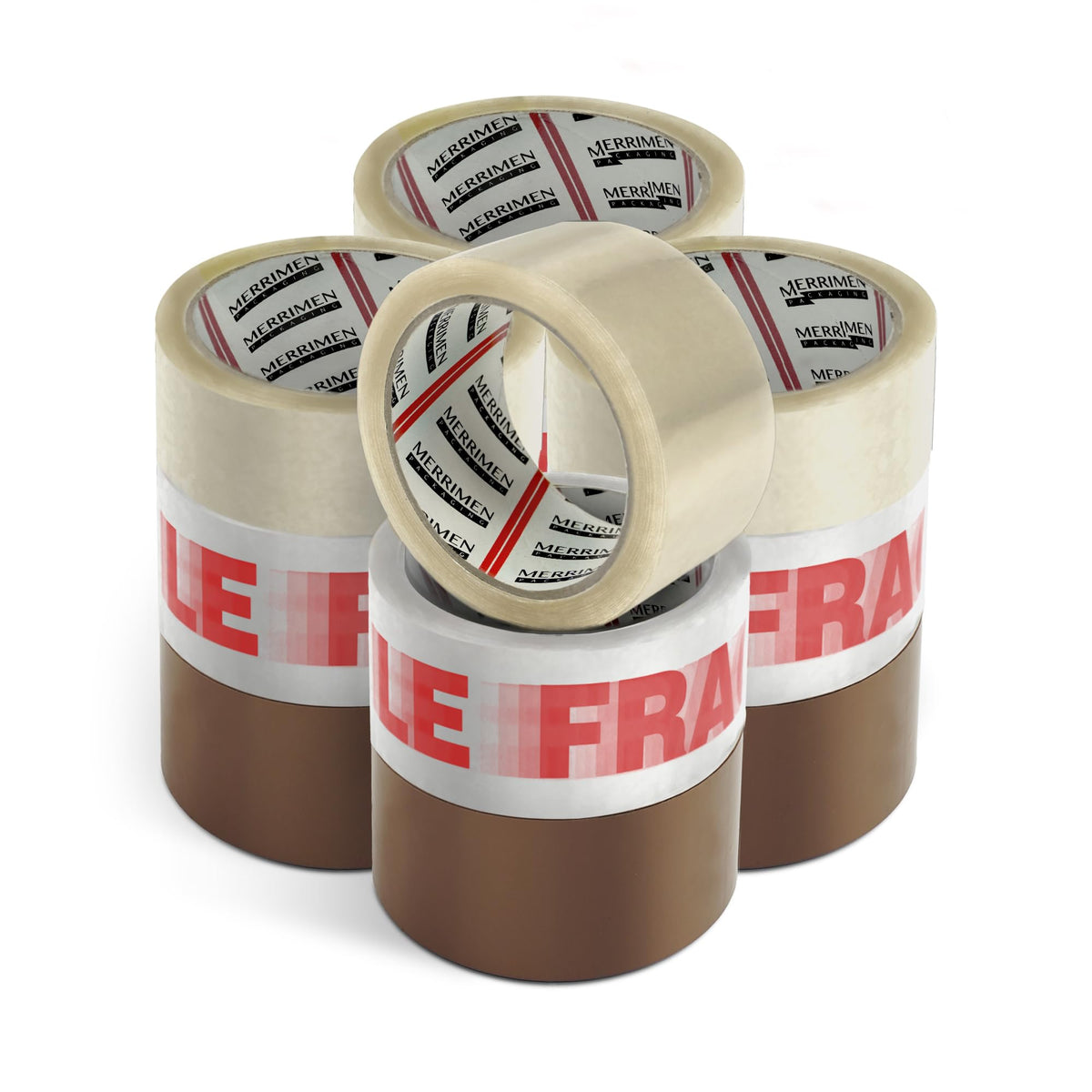Merrimen Strong Heavy Duty Roll Pack Fragile Packaging Tape, Secure Sticky Sealing Tape for Parcel Boxes, Moving Boxes, Large Postal Bags for Long Term Storage, (48MM x 66M) (12 rolls, Fragile)
