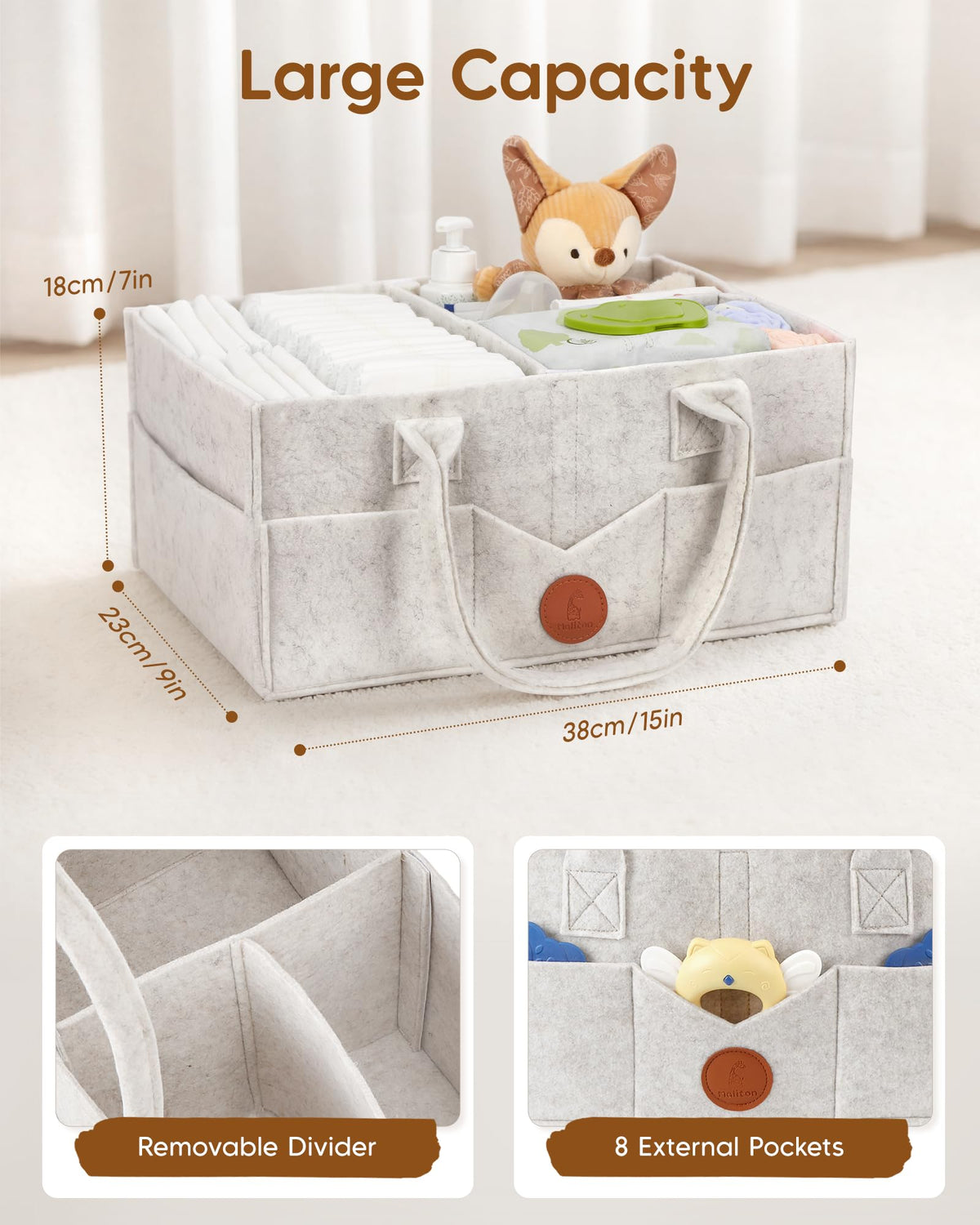 Maliton Nappy Caddy Organiser with 8 Pockets & Removable Dividers (Khaki)