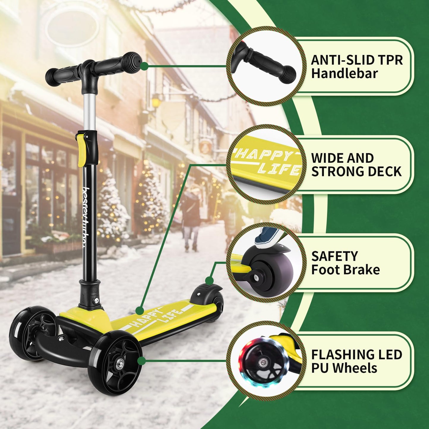besrey 3-Wheel Toddler Scooter with Lean-to-Steer — Foldable, Anti-Slip Deck | Max 50 kg