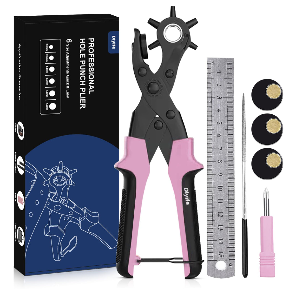 Diyife Belt Hole Puncher for Leather, 6 Sizes, Effortless Dual-Lever Design