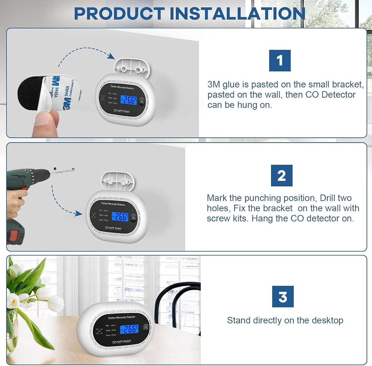 XINDUM Carbon Monoxide Detector 10-Year Battery LCD Display CE Black 2Pack